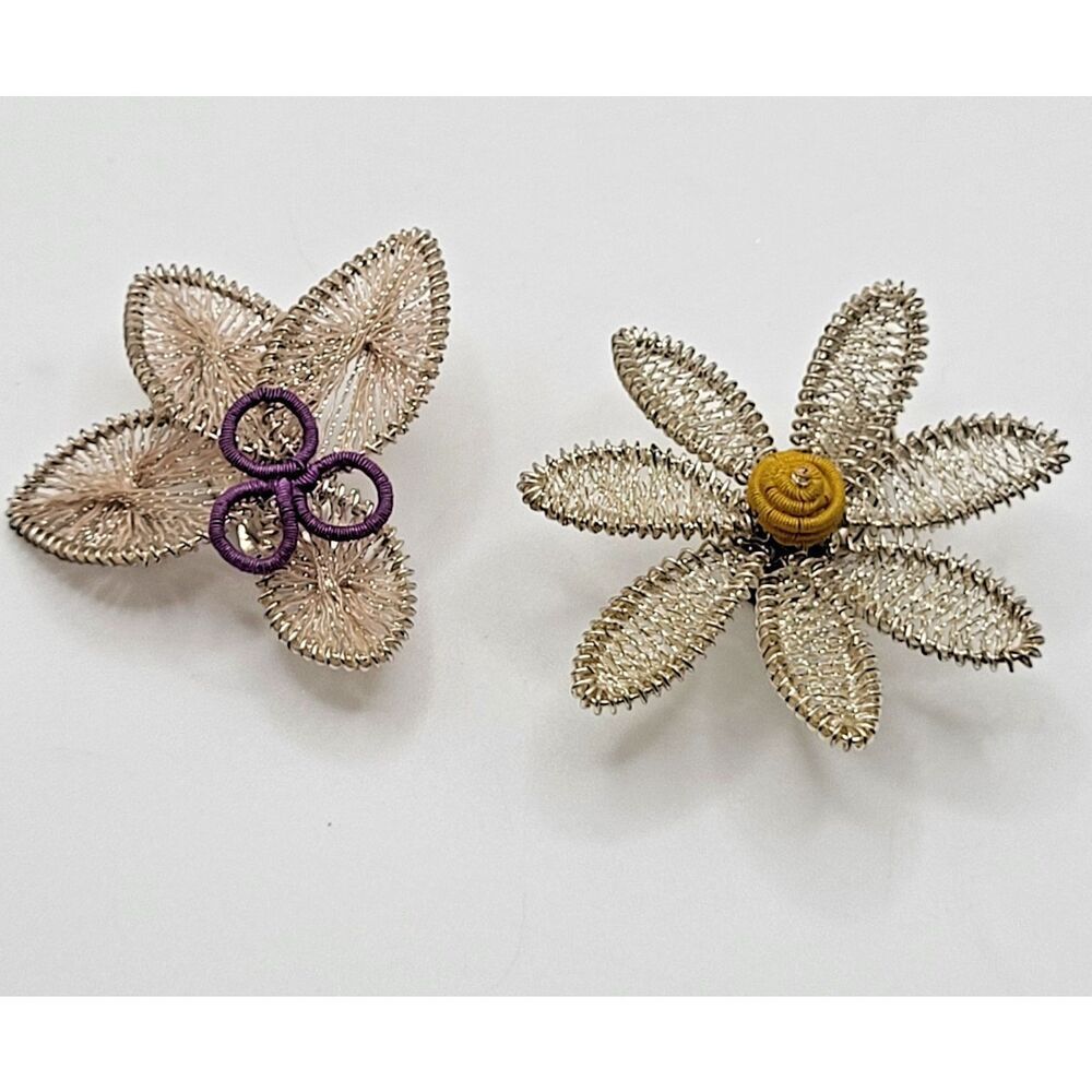VIntage Germany Spun Silver Flower Clip On Earrings Assymetrical 1.75in